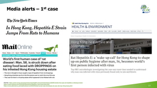 Media alerts – 1st case
11
Sources: https://www.scmp.com/news/hong-kong/health-environment/article/2166090/worlds-first-case-rat-hepatitis-e-infecting-human
https://www.nytimes.com/2018/09/28/science/hepatitis-e-rats-hong-kong.html
https://www.dailymail.co.uk/health/article-6218439/Worlds-human-case-rat-disease-56-year-old-man-Hong-Kong.html
 