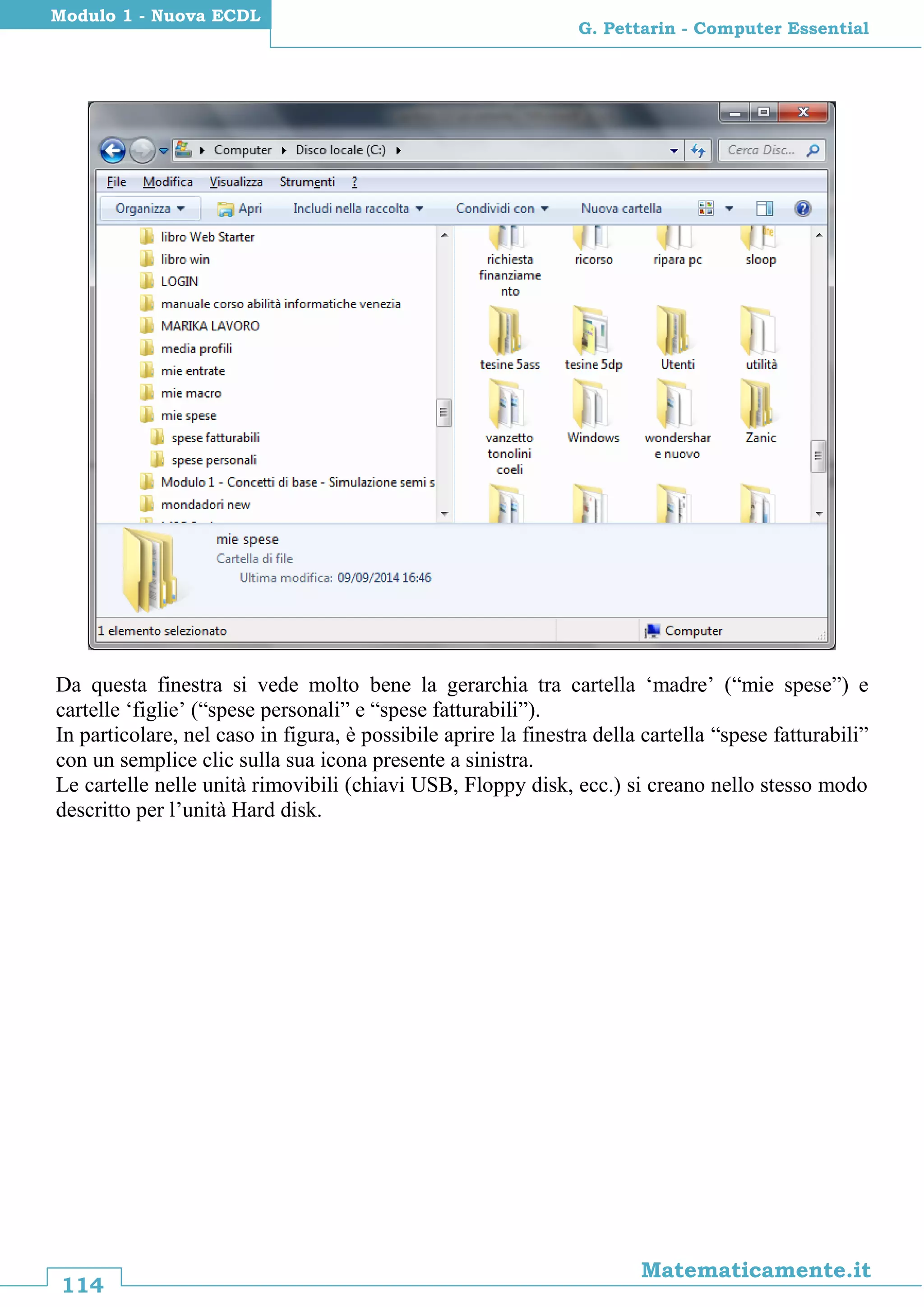 114
Matematicamente.it
G. Pettarin - Computer Essential
Modulo 1 - Nuova ECDL
Da questa finestra si vede molto bene la gerarchia tra cartella ‘madre’ (“mie spese”) e
cartelle ‘figlie’ (“spese personali” e “spese fatturabili”).
In particolare, nel caso in figura, è possibile aprire la finestra della cartella “spese fatturabili”
con un semplice clic sulla sua icona presente a sinistra.
Le cartelle nelle unità rimovibili (chiavi USB, Floppy disk, ecc.) si creano nello stesso modo
descritto per l’unità Hard disk.
 