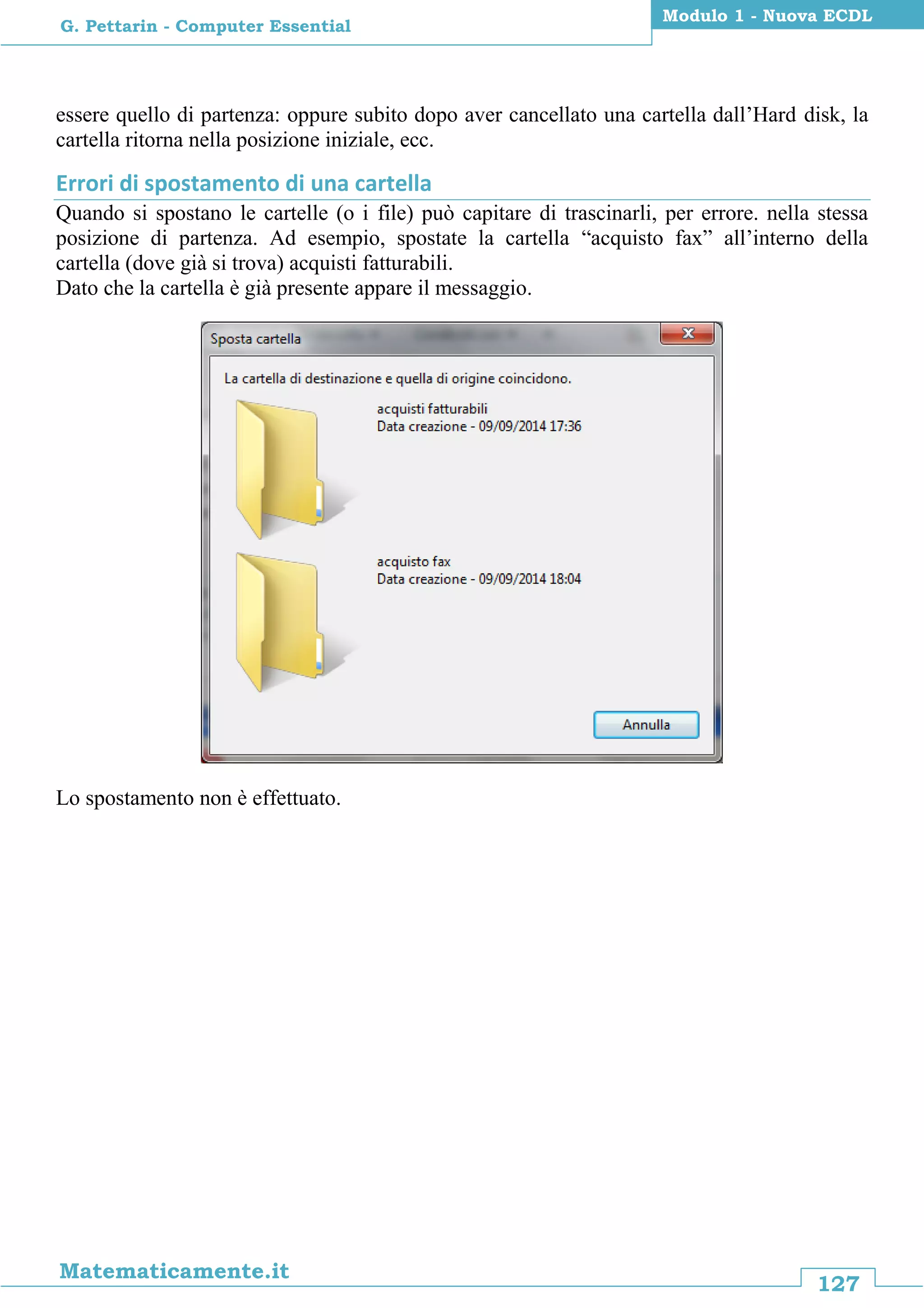 127
Matematicamente.it
Modulo 1 - Nuova ECDL
G. Pettarin - Computer Essential
essere quello di partenza: oppure subito dopo aver cancellato una cartella dall’Hard disk, la
cartella ritorna nella posizione iniziale, ecc.
Errori di spostamento di una cartella
Quando si spostano le cartelle (o i file) può capitare di trascinarli, per errore. nella stessa
posizione di partenza. Ad esempio, spostate la cartella “acquisto fax” all’interno della
cartella (dove già si trova) acquisti fatturabili.
Dato che la cartella è già presente appare il messaggio.
Lo spostamento non è effettuato.
 