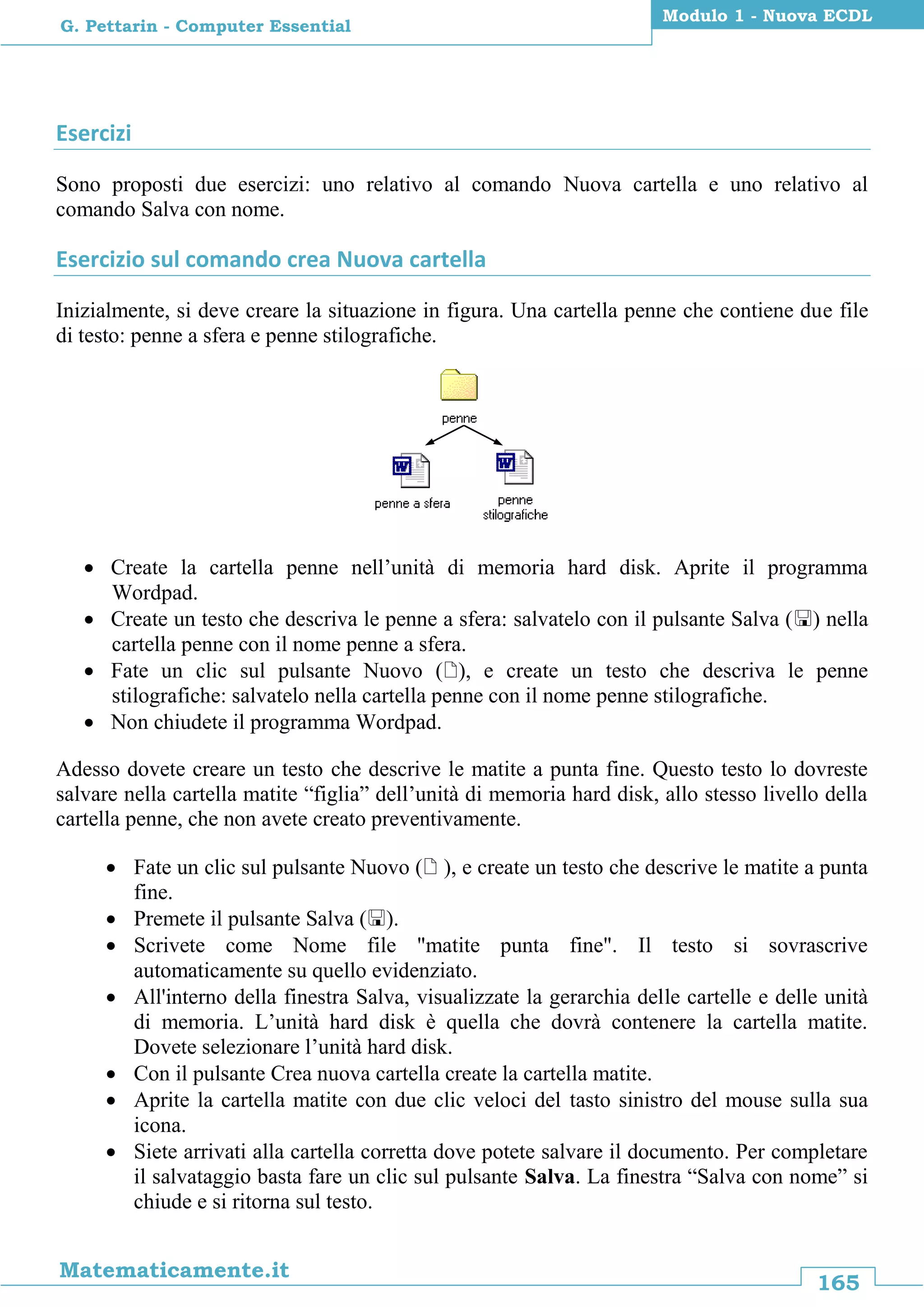 165
Matematicamente.it
Modulo 1 - Nuova ECDL
G. Pettarin - Computer Essential
Esercizi
Sono proposti due esercizi: uno relativo al comando Nuova cartella e uno relativo al
comando Salva con nome.
Esercizio sul comando crea Nuova cartella
Inizialmente, si deve creare la situazione in figura. Una cartella penne che contiene due file
di testo: penne a sfera e penne stilografiche.
 Create la cartella penne nell’unità di memoria hard disk. Aprite il programma
Wordpad.
 Create un testo che descriva le penne a sfera: salvatelo con il pulsante Salva () nella
cartella penne con il nome penne a sfera.
 Fate un clic sul pulsante Nuovo (), e create un testo che descriva le penne
stilografiche: salvatelo nella cartella penne con il nome penne stilografiche.
 Non chiudete il programma Wordpad.
Adesso dovete creare un testo che descrive le matite a punta fine. Questo testo lo dovreste
salvare nella cartella matite “figlia” dell’unità di memoria hard disk, allo stesso livello della
cartella penne, che non avete creato preventivamente.
 Fate un clic sul pulsante Nuovo ( ), e create un testo che descrive le matite a punta
fine.
 Premete il pulsante Salva ().
 Scrivete come Nome file "matite punta fine". Il testo si sovrascrive
automaticamente su quello evidenziato.
 All'interno della finestra Salva, visualizzate la gerarchia delle cartelle e delle unità
di memoria. L’unità hard disk è quella che dovrà contenere la cartella matite.
Dovete selezionare l’unità hard disk.
 Con il pulsante Crea nuova cartella create la cartella matite.
 Aprite la cartella matite con due clic veloci del tasto sinistro del mouse sulla sua
icona.
 Siete arrivati alla cartella corretta dove potete salvare il documento. Per completare
il salvataggio basta fare un clic sul pulsante Salva. La finestra “Salva con nome” si
chiude e si ritorna sul testo.
 