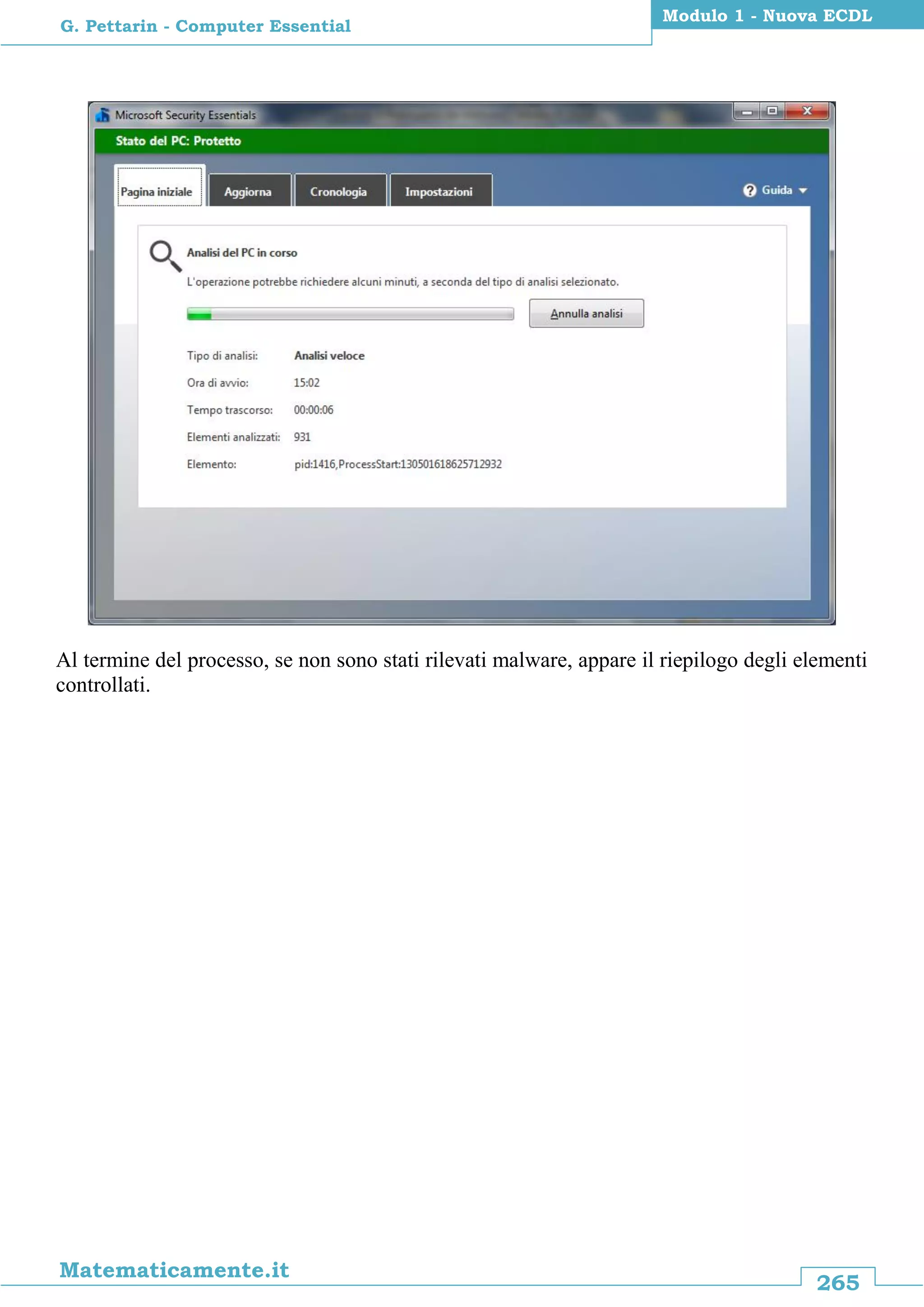 265
Matematicamente.it
Modulo 1 - Nuova ECDL
G. Pettarin - Computer Essential
Al termine del processo, se non sono stati rilevati malware, appare il riepilogo degli elementi
controllati.
 