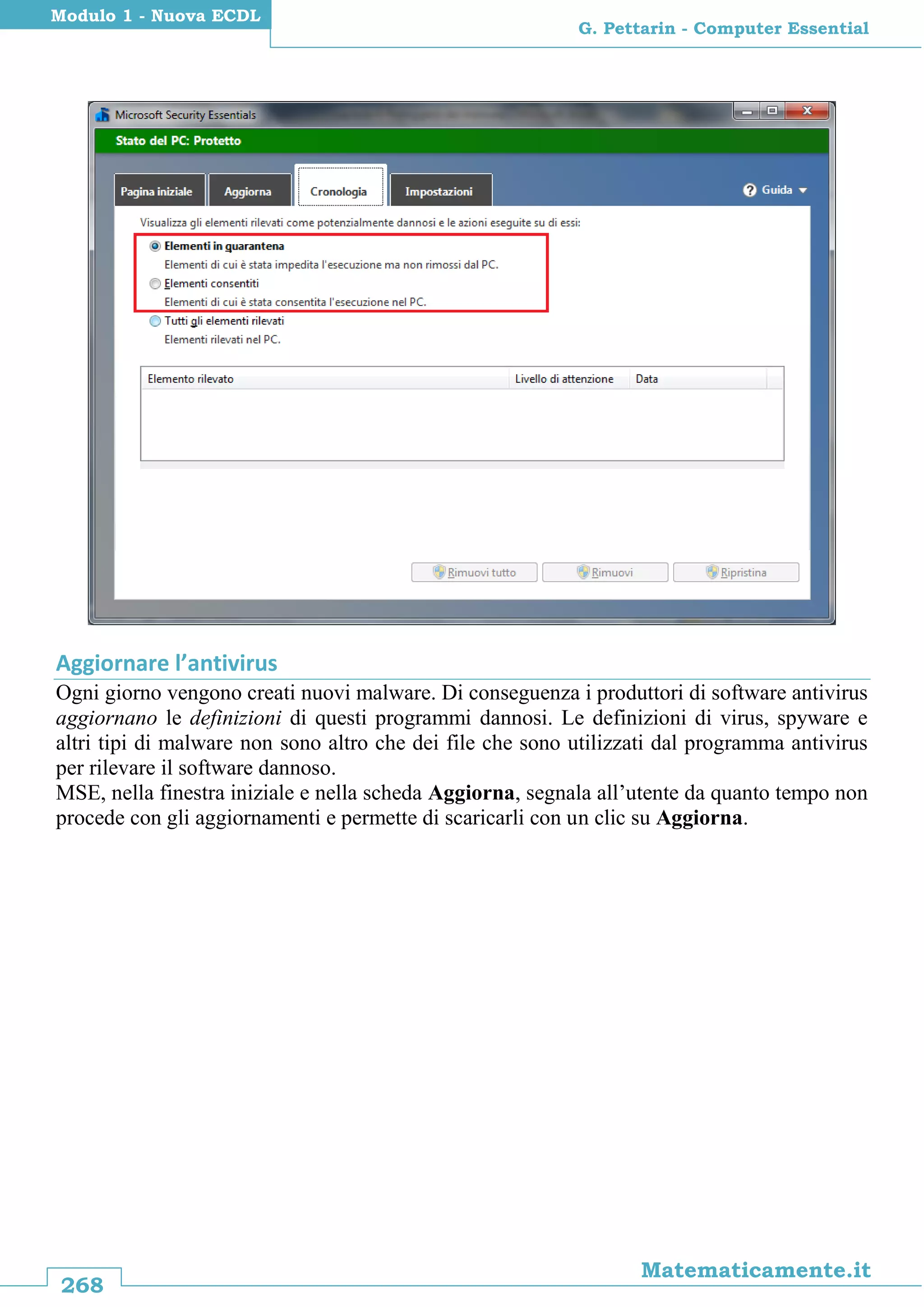 268
Matematicamente.it
G. Pettarin - Computer Essential
Modulo 1 - Nuova ECDL
Aggiornare l’antivirus
Ogni giorno vengono creati nuovi malware. Di conseguenza i produttori di software antivirus
aggiornano le definizioni di questi programmi dannosi. Le definizioni di virus, spyware e
altri tipi di malware non sono altro che dei file che sono utilizzati dal programma antivirus
per rilevare il software dannoso.
MSE, nella finestra iniziale e nella scheda Aggiorna, segnala all’utente da quanto tempo non
procede con gli aggiornamenti e permette di scaricarli con un clic su Aggiorna.
 