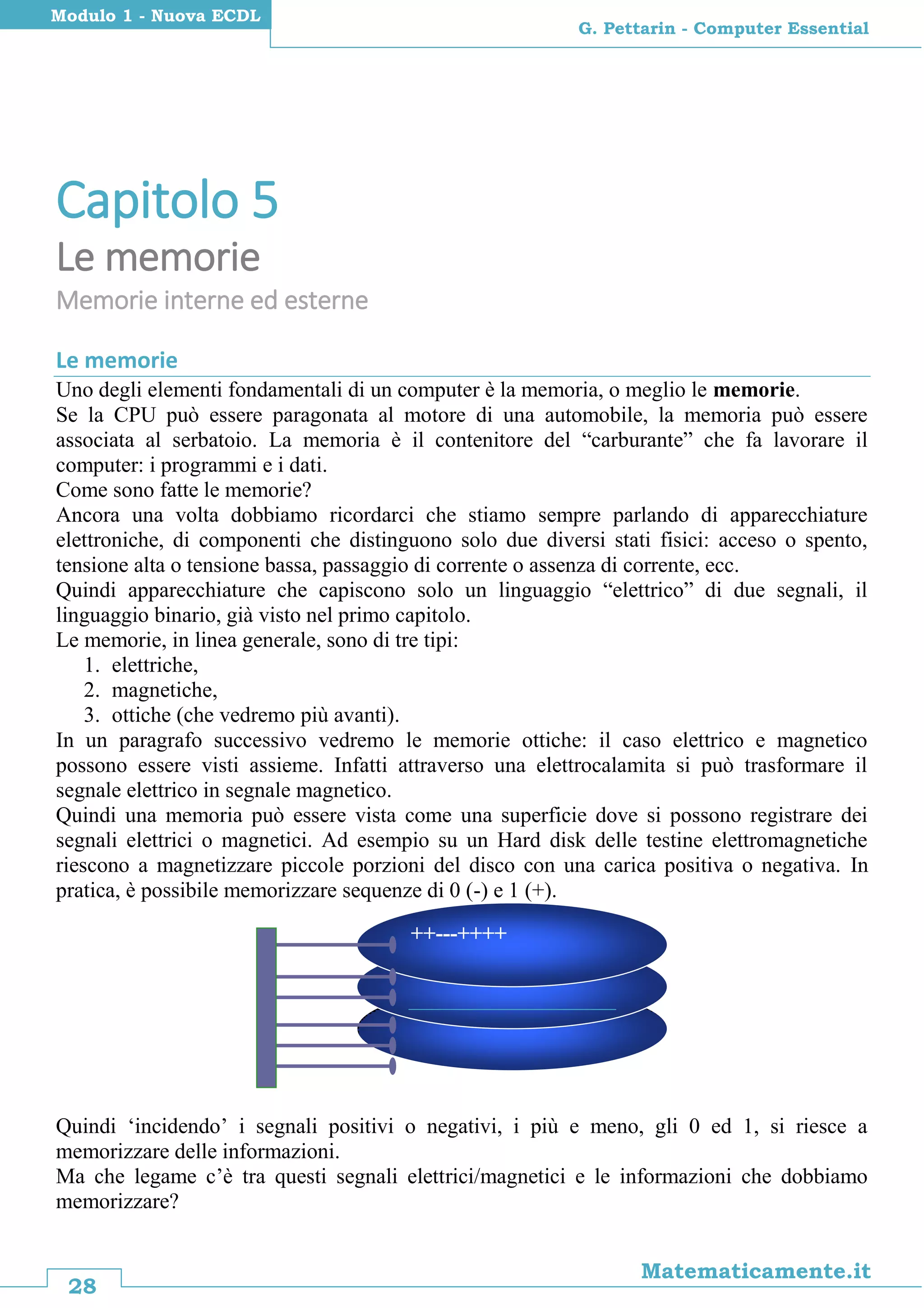 28
Matematicamente.it
G. Pettarin - Computer Essential
Modulo 1 - Nuova ECDL
Capitolo 5
Le memorie
Memorie interne ed esterne
Le memorie
Uno degli elementi fondamentali di un computer è la memoria, o meglio le memorie.
Se la CPU può essere paragonata al motore di una automobile, la memoria può essere
associata al serbatoio. La memoria è il contenitore del “carburante” che fa lavorare il
computer: i programmi e i dati.
Come sono fatte le memorie?
Ancora una volta dobbiamo ricordarci che stiamo sempre parlando di apparecchiature
elettroniche, di componenti che distinguono solo due diversi stati fisici: acceso o spento,
tensione alta o tensione bassa, passaggio di corrente o assenza di corrente, ecc.
Quindi apparecchiature che capiscono solo un linguaggio “elettrico” di due segnali, il
linguaggio binario, già visto nel primo capitolo.
Le memorie, in linea generale, sono di tre tipi:
1. elettriche,
2. magnetiche,
3. ottiche (che vedremo più avanti).
In un paragrafo successivo vedremo le memorie ottiche: il caso elettrico e magnetico
possono essere visti assieme. Infatti attraverso una elettrocalamita si può trasformare il
segnale elettrico in segnale magnetico.
Quindi una memoria può essere vista come una superficie dove si possono registrare dei
segnali elettrici o magnetici. Ad esempio su un Hard disk delle testine elettromagnetiche
riescono a magnetizzare piccole porzioni del disco con una carica positiva o negativa. In
pratica, è possibile memorizzare sequenze di 0 (-) e 1 (+).
Quindi ‘incidendo’ i segnali positivi o negativi, i più e meno, gli 0 ed 1, si riesce a
memorizzare delle informazioni.
Ma che legame c’è tra questi segnali elettrici/magnetici e le informazioni che dobbiamo
memorizzare?
È la memoria di massa
più importante del PC.
++---++++
 