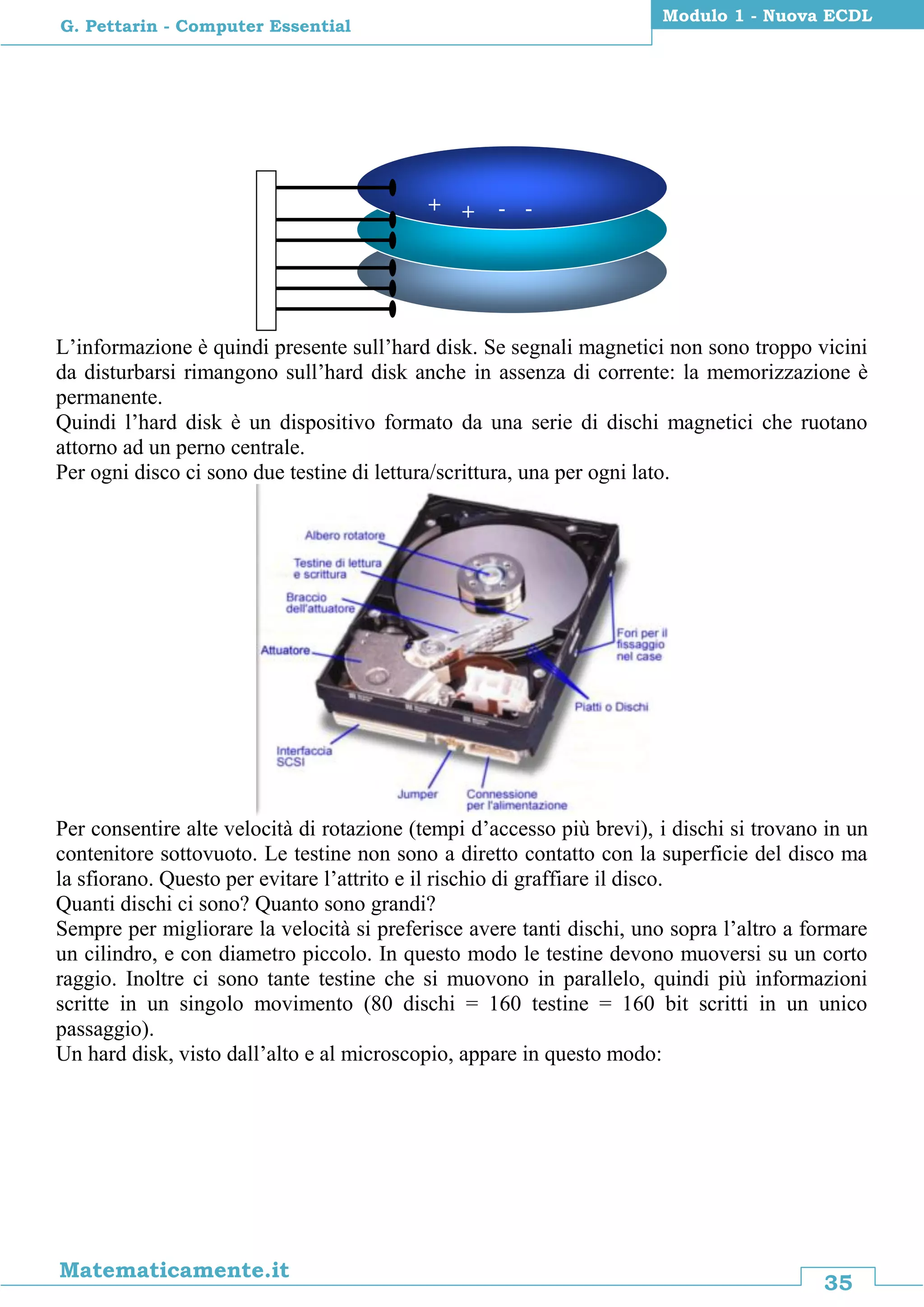 35
Matematicamente.it
Modulo 1 - Nuova ECDL
G. Pettarin - Computer Essential
L’informazione è quindi presente sull’hard disk. Se segnali magnetici non sono troppo vicini
da disturbarsi rimangono sull’hard disk anche in assenza di corrente: la memorizzazione è
permanente.
Quindi l’hard disk è un dispositivo formato da una serie di dischi magnetici che ruotano
attorno ad un perno centrale.
Per ogni disco ci sono due testine di lettura/scrittura, una per ogni lato.
Per consentire alte velocità di rotazione (tempi d’accesso più brevi), i dischi si trovano in un
contenitore sottovuoto. Le testine non sono a diretto contatto con la superficie del disco ma
la sfiorano. Questo per evitare l’attrito e il rischio di graffiare il disco.
Quanti dischi ci sono? Quanto sono grandi?
Sempre per migliorare la velocità si preferisce avere tanti dischi, uno sopra l’altro a formare
un cilindro, e con diametro piccolo. In questo modo le testine devono muoversi su un corto
raggio. Inoltre ci sono tante testine che si muovono in parallelo, quindi più informazioni
scritte in un singolo movimento (80 dischi = 160 testine = 160 bit scritti in un unico
passaggio).
Un hard disk, visto dall’alto e al microscopio, appare in questo modo:
+ + - -
 
