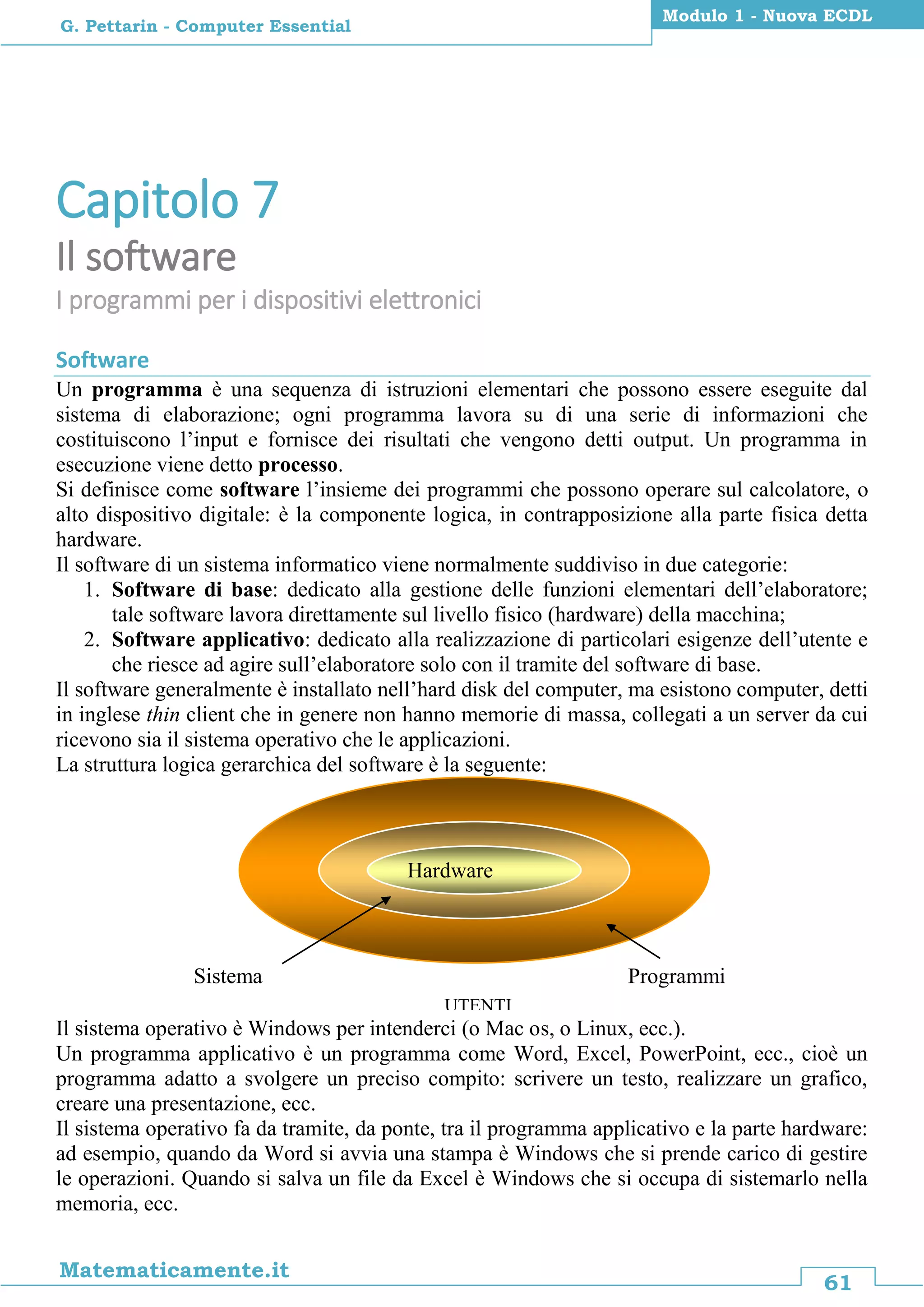 61
Matematicamente.it
Modulo 1 - Nuova ECDL
G. Pettarin - Computer Essential
Capitolo 7
Il software
I programmi per i dispositivi elettronici
Software
Un programma è una sequenza di istruzioni elementari che possono essere eseguite dal
sistema di elaborazione; ogni programma lavora su di una serie di informazioni che
costituiscono l’input e fornisce dei risultati che vengono detti output. Un programma in
esecuzione viene detto processo.
Si definisce come software l’insieme dei programmi che possono operare sul calcolatore, o
alto dispositivo digitale: è la componente logica, in contrapposizione alla parte fisica detta
hardware.
Il software di un sistema informatico viene normalmente suddiviso in due categorie:
1. Software di base: dedicato alla gestione delle funzioni elementari dell’elaboratore;
tale software lavora direttamente sul livello fisico (hardware) della macchina;
2. Software applicativo: dedicato alla realizzazione di particolari esigenze dell’utente e
che riesce ad agire sull’elaboratore solo con il tramite del software di base.
Il software generalmente è installato nell’hard disk del computer, ma esistono computer, detti
in inglese thin client che in genere non hanno memorie di massa, collegati a un server da cui
ricevono sia il sistema operativo che le applicazioni.
La struttura logica gerarchica del software è la seguente:
Il sistema operativo è Windows per intenderci (o Mac os, o Linux, ecc.).
Un programma applicativo è un programma come Word, Excel, PowerPoint, ecc., cioè un
programma adatto a svolgere un preciso compito: scrivere un testo, realizzare un grafico,
creare una presentazione, ecc.
Il sistema operativo fa da tramite, da ponte, tra il programma applicativo e la parte hardware:
ad esempio, quando da Word si avvia una stampa è Windows che si prende carico di gestire
le operazioni. Quando si salva un file da Excel è Windows che si occupa di sistemarlo nella
memoria, ecc.
Hardware
UTENTI
Sistema
Operativo
Programmi
Applicativi
 