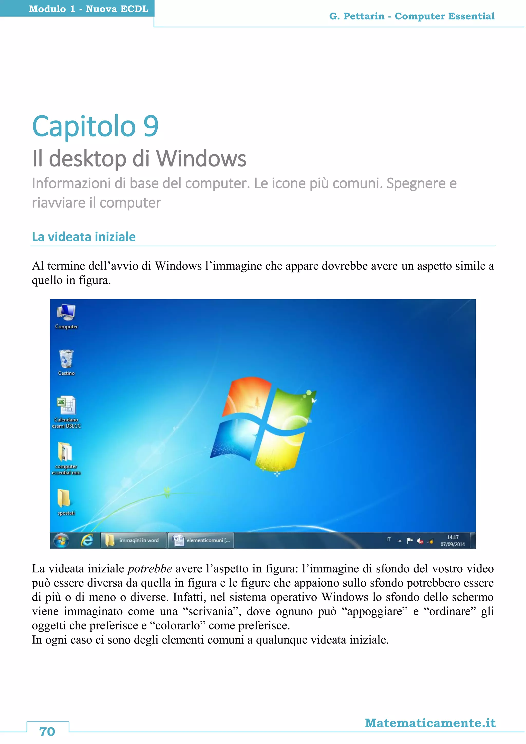 70
Matematicamente.it
G. Pettarin - Computer Essential
Modulo 1 - Nuova ECDL
Capitolo 9
Il desktop di Windows
Informazioni di base del computer. Le icone più comuni. Spegnere e
riavviare il computer
La videata iniziale
Al termine dell’avvio di Windows l’immagine che appare dovrebbe avere un aspetto simile a
quello in figura.
La videata iniziale potrebbe avere l’aspetto in figura: l’immagine di sfondo del vostro video
può essere diversa da quella in figura e le figure che appaiono sullo sfondo potrebbero essere
di più o di meno o diverse. Infatti, nel sistema operativo Windows lo sfondo dello schermo
viene immaginato come una “scrivania”, dove ognuno può “appoggiare” e “ordinare” gli
oggetti che preferisce e “colorarlo” come preferisce.
In ogni caso ci sono degli elementi comuni a qualunque videata iniziale.
 