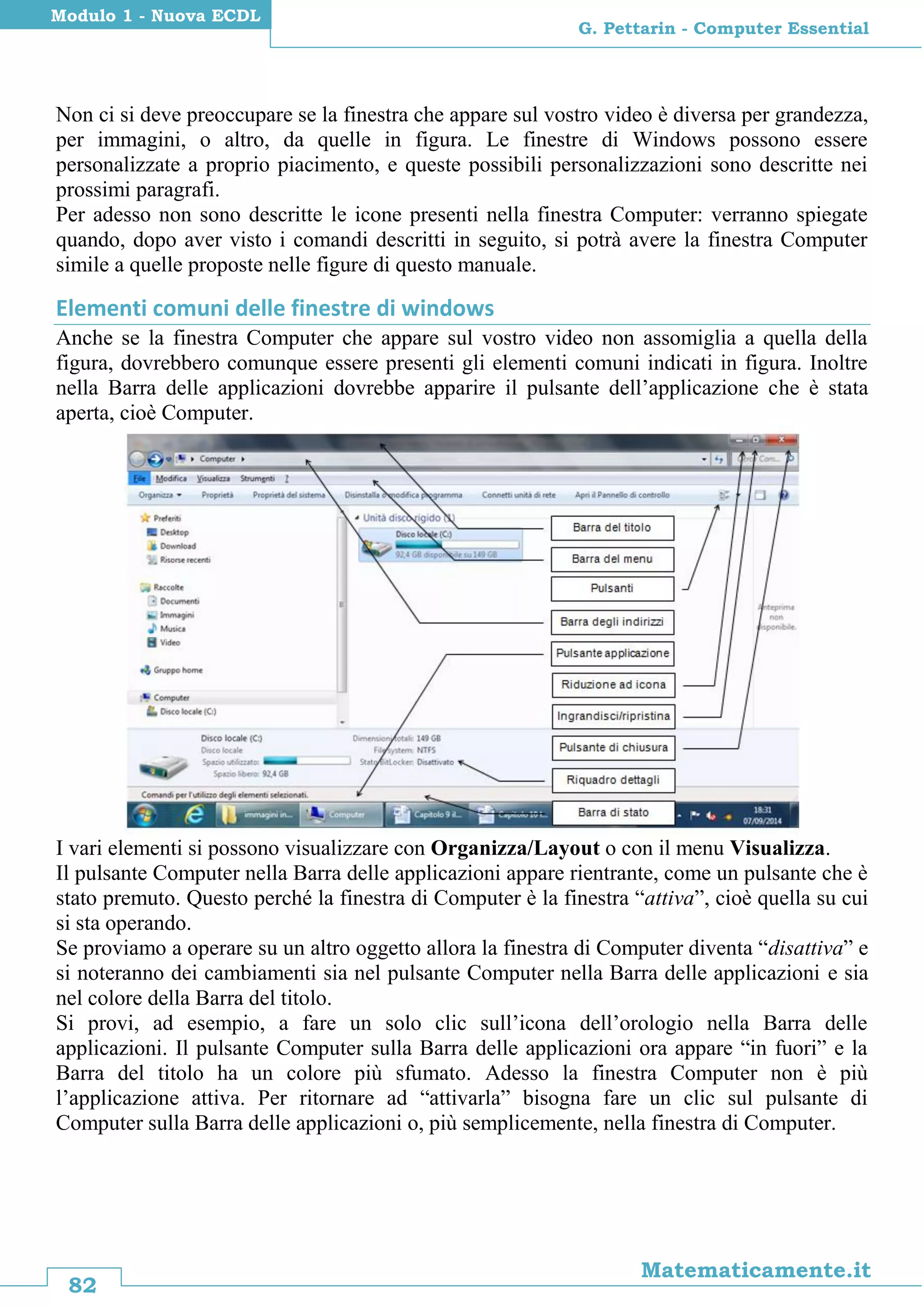 82
Matematicamente.it
G. Pettarin - Computer Essential
Modulo 1 - Nuova ECDL
Non ci si deve preoccupare se la finestra che appare sul vostro video è diversa per grandezza,
per immagini, o altro, da quelle in figura. Le finestre di Windows possono essere
personalizzate a proprio piacimento, e queste possibili personalizzazioni sono descritte nei
prossimi paragrafi.
Per adesso non sono descritte le icone presenti nella finestra Computer: verranno spiegate
quando, dopo aver visto i comandi descritti in seguito, si potrà avere la finestra Computer
simile a quelle proposte nelle figure di questo manuale.
Elementi comuni delle finestre di windows
Anche se la finestra Computer che appare sul vostro video non assomiglia a quella della
figura, dovrebbero comunque essere presenti gli elementi comuni indicati in figura. Inoltre
nella Barra delle applicazioni dovrebbe apparire il pulsante dell’applicazione che è stata
aperta, cioè Computer.
I vari elementi si possono visualizzare con Organizza/Layout o con il menu Visualizza.
Il pulsante Computer nella Barra delle applicazioni appare rientrante, come un pulsante che è
stato premuto. Questo perché la finestra di Computer è la finestra “attiva”, cioè quella su cui
si sta operando.
Se proviamo a operare su un altro oggetto allora la finestra di Computer diventa “disattiva” e
si noteranno dei cambiamenti sia nel pulsante Computer nella Barra delle applicazioni e sia
nel colore della Barra del titolo.
Si provi, ad esempio, a fare un solo clic sull’icona dell’orologio nella Barra delle
applicazioni. Il pulsante Computer sulla Barra delle applicazioni ora appare “in fuori” e la
Barra del titolo ha un colore più sfumato. Adesso la finestra Computer non è più
l’applicazione attiva. Per ritornare ad “attivarla” bisogna fare un clic sul pulsante di
Computer sulla Barra delle applicazioni o, più semplicemente, nella finestra di Computer.
 
