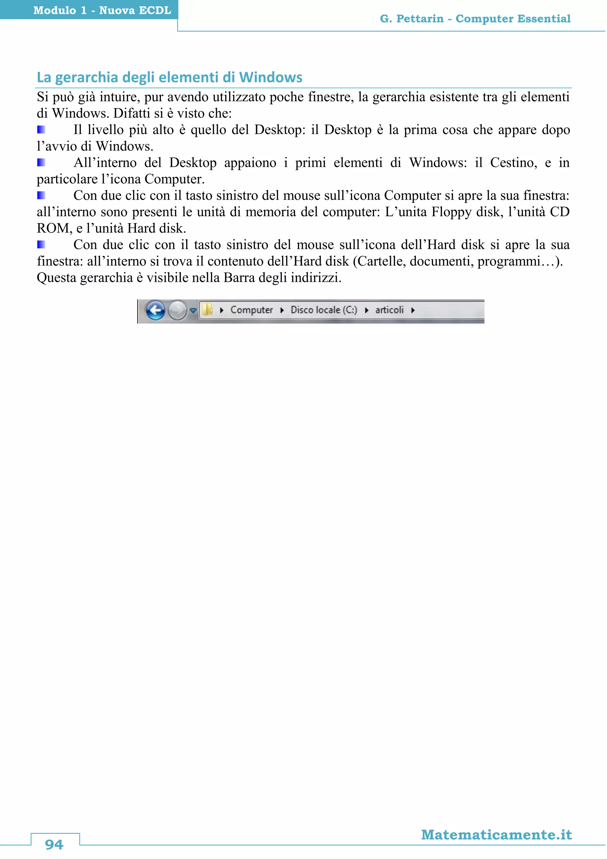 94
Matematicamente.it
G. Pettarin - Computer Essential
Modulo 1 - Nuova ECDL
La gerarchia degli elementi di Windows
Si può già intuire, pur avendo utilizzato poche finestre, la gerarchia esistente tra gli elementi
di Windows. Difatti si è visto che:
Il livello più alto è quello del Desktop: il Desktop è la prima cosa che appare dopo
l’avvio di Windows.
All’interno del Desktop appaiono i primi elementi di Windows: il Cestino, e in
particolare l’icona Computer.
Con due clic con il tasto sinistro del mouse sull’icona Computer si apre la sua finestra:
all’interno sono presenti le unità di memoria del computer: L’unita Floppy disk, l’unità CD
ROM, e l’unità Hard disk.
Con due clic con il tasto sinistro del mouse sull’icona dell’Hard disk si apre la sua
finestra: all’interno si trova il contenuto dell’Hard disk (Cartelle, documenti, programmi…).
Questa gerarchia è visibile nella Barra degli indirizzi.
 