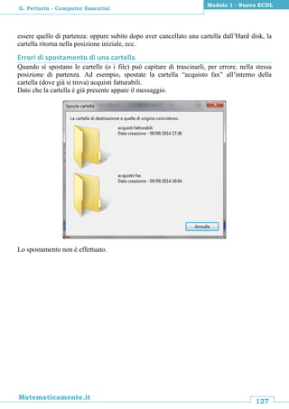 127
Matematicamente.it
Modulo 1 - Nuova ECDL
G. Pettarin - Computer Essential
essere quello di partenza: oppure subito dopo aver cancellato una cartella dall’Hard disk, la
cartella ritorna nella posizione iniziale, ecc.
Errori di spostamento di una cartella
Quando si spostano le cartelle (o i file) può capitare di trascinarli, per errore. nella stessa
posizione di partenza. Ad esempio, spostate la cartella “acquisto fax” all’interno della
cartella (dove già si trova) acquisti fatturabili.
Dato che la cartella è già presente appare il messaggio.
Lo spostamento non è effettuato.
 