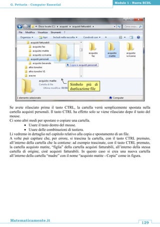 129
Matematicamente.it
Modulo 1 - Nuova ECDL
G. Pettarin - Computer Essential
Se avete rilasciato prima il tasto CTRL, la cartella verrà semplicemente spostata nella
cartella acquisti personali. Il tasto CTRL ha effetto solo se viene rilasciato dopo il tasto del
mouse.
Ci sono altri modi per spostare o copiare una cartella.
 Usare il tasto destro del mouse.
 Usare delle combinazioni di tastiera.
Li vedremo in dettaglio nel capitolo relativo alla copia e spostamento di un file.
A volte può capitare che, per errore, si trascina la cartella, con il tasto CTRL premuto,
all’interno della cartella che la contiene: ad esempio trascinate, con il tasto CTRL premuto,
la cartella acquisto matite, “figlia” della cartella acquisti fatturabili, all’interno della stessa
cartella di origine, cioè acquisti fatturabili. In questo caso si crea una nuova cartella
all’interno della cartella “madre” con il nome “acquisto matite - Copia” come in figura.
Simbolo più di
duplicazione file
 
