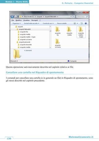 130
Matematicamente.it
G. Pettarin - Computer Essential
Modulo 1 - Nuova ECDL
Questa operazione sarà nuovamente descritta nel capitolo relativo ai file.
Cancellare una cartella nel Riquadro di spostamento
I comandi per cancellare una cartella (o in generale un file) in Riquadro di spostamento, sono
gli stessi descritti nel capitolo precedente.
 