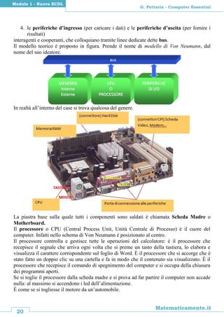 20
Matematicamente.it
G. Pettarin - Computer Essential
Modulo 1 - Nuova ECDL
4. le periferiche d’ingresso (per caricare i dati) e le periferiche d’uscita (per fornire i
risultati)
interagenti e cooperanti, che colloquiano tramite linee dedicate dette bus.
Il modello teorico è proposto in figura. Prende il nome di modello di Von Neumann, dal
nome del suo ideatore.
In realtà all’interno del case si trova qualcosa del genere.
La piastra base sulla quale tutti i componenti sono saldati è chiamata Scheda Madre o
Motherboard.
Il processore o CPU (Central Process Unit, Unità Centrale di Processo) è il cuore del
computer. Infatti nello schema di Von Neumann è posizionato al centro.
Il processore controlla e gestisce tutte le operazioni del calcolatore: è il processore che
recepisce il segnale che arriva ogni volta che si preme un tasto della tastiera, lo elabora e
visualizza il carattere corrispondente sul foglio di Word. È il processore che si accorge che è
stato fatto un doppio clic su una cartella e fa in modo che il contenuto sia visualizzato. È il
processore che recepisce il comando di spegnimento del computer e si occupa della chiusura
dei programmi aperti.
Se si toglie il processore dalla scheda madre e si prova ad far partire il computer non accade
nulla: al massimo si accendono i led dell’alimentazione.
È come se si togliesse il motore da un’automobile.
MMEEMMOORRIIEE
IInntteerrnnee
EEsstteerrnnee
CCPPUU
OO
PPRROOCCEESSSSOORREE
PPEERRIIFFEERRIICCHHEE
DDII II//OO
BBUUSS
 