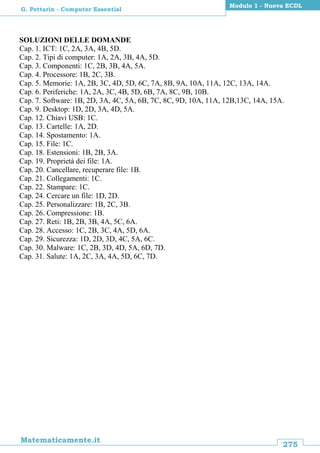 275
Matematicamente.it
Modulo 1 - Nuova ECDL
G. Pettarin - Computer Essential
SOLUZIONI DELLE DOMANDE
Cap. 1. ICT: 1C, 2A, 3A, 4B, 5D.
Cap. 2. Tipi di computer: 1A, 2A, 3B, 4A, 5D.
Cap. 3. Componenti: 1C, 2B, 3B, 4A, 5A.
Cap. 4. Processore: 1B, 2C, 3B.
Cap. 5. Memorie: 1A, 2B, 3C, 4D, 5D, 6C, 7A, 8B, 9A, 10A, 11A, 12C, 13A, 14A.
Cap. 6. Periferiche: 1A, 2A, 3C, 4B, 5D, 6B, 7A, 8C, 9B, 10B.
Cap. 7. Software: 1B, 2D, 3A, 4C, 5A, 6B, 7C, 8C, 9D, 10A, 11A, 12B,13C, 14A, 15A.
Cap. 9. Desktop: 1D, 2D, 3A, 4D, 5A.
Cap. 12. Chiavi USB: 1C.
Cap. 13. Cartelle: 1A, 2D.
Cap. 14. Spostamento: 1A.
Cap. 15. File: 1C.
Cap. 18. Estensioni: 1B, 2B, 3A.
Cap. 19. Proprietà dei file: 1A.
Cap. 20. Cancellare, recuperare file: 1B.
Cap. 21. Collegamenti: 1C.
Cap. 22. Stampare: 1C.
Cap. 24. Cercare un file: 1D, 2D.
Cap. 25. Personalizzare: 1B, 2C, 3B.
Cap. 26. Compressione: 1B.
Cap. 27. Reti: 1B, 2B, 3B, 4A, 5C, 6A.
Cap. 28. Accesso: 1C, 2B, 3C, 4A, 5D, 6A.
Cap. 29. Sicurezza: 1D, 2D, 3D, 4C, 5A, 6C.
Cap. 30. Malware: 1C, 2B, 3D, 4D, 5A, 6D, 7D.
Cap. 31. Salute: 1A, 2C, 3A, 4A, 5D, 6C, 7D.
 