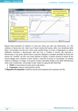 90
Matematicamente.it
G. Pettarin - Computer Essential
Modulo 1 - Nuova ECDL
Questa barra permette di ordinare le icone per nome, per tipo, per dimensione, ecc. Per
ordinare si faccia due clic veloci con il tasto sinistro del mouse sulla voce desiderata della
barra. Ad esempio con due clic veloci sulla casella Nome, le icone si dispongono in ordine
alfabetico crescente o decrescente: altri due clic e l’ordine si inverte (da crescente a
decrescente o viceversa). Queste barre si possono allargare o stringere portando la freccia del
mouse sul “confine” tra due voci come indicato in figura: il mouse assume la forma di una
freccia doppia nera. Premete il tasto sinistro e muovete il mouse in orizzontale: la colonna
relativa si allarga o si stringe. Con questa visione è possibile inoltre avere delle informazioni
sulle icone visualizzate. Ad esempio si può vedere la capacità dell’Hard disk.
 Titoli: le icone hanno il nome posto sulla destra.
 Contenuto: fornisce informazioni sul file
Il Riquadro di anteprima visualizza una piccola anteprima del contenuto dei file.
 