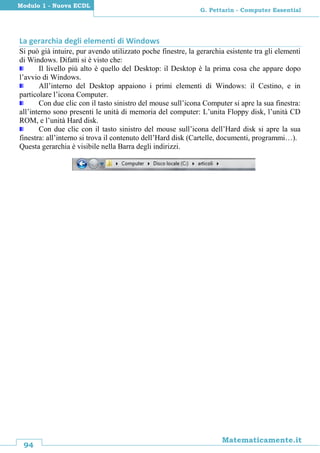 94
Matematicamente.it
G. Pettarin - Computer Essential
Modulo 1 - Nuova ECDL
La gerarchia degli elementi di Windows
Si può già intuire, pur avendo utilizzato poche finestre, la gerarchia esistente tra gli elementi
di Windows. Difatti si è visto che:
Il livello più alto è quello del Desktop: il Desktop è la prima cosa che appare dopo
l’avvio di Windows.
All’interno del Desktop appaiono i primi elementi di Windows: il Cestino, e in
particolare l’icona Computer.
Con due clic con il tasto sinistro del mouse sull’icona Computer si apre la sua finestra:
all’interno sono presenti le unità di memoria del computer: L’unita Floppy disk, l’unità CD
ROM, e l’unità Hard disk.
Con due clic con il tasto sinistro del mouse sull’icona dell’Hard disk si apre la sua
finestra: all’interno si trova il contenuto dell’Hard disk (Cartelle, documenti, programmi…).
Questa gerarchia è visibile nella Barra degli indirizzi.
 