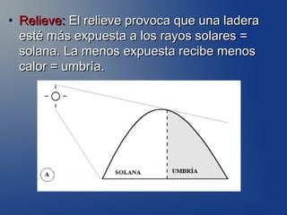 • Relieve: El relieve provoca que una ladera
  esté más expuesta a los rayos solares =
  solana. La menos expuesta recibe menos
  calor = umbría.
 