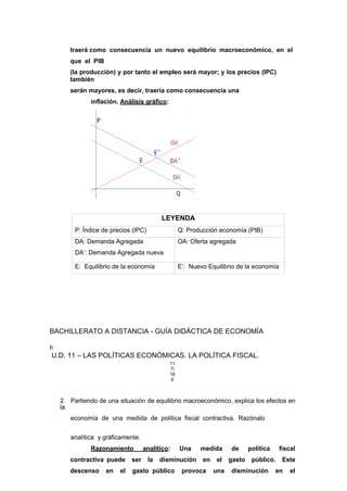 traerá como consecuencia un nuevo equilibrio macroeconómico, en el
que el PIB
(la producción) y por tanto el empleo será mayor; y los precios (IPC)
también
serán mayores, es decir, traería como consecuencia una
inflación. Análisis gráfico:
LEYENDA
P: Índice de precios (IPC) Q: Producción economía (PIB)
DA: Demanda Agregada
DA’: Demanda Agregada nueva
OA: Oferta agregada
E: Equilibrio de la economía E’: Nuevo Equilibrio de la economía
BACHILLERATO A DISTANCIA - GUÍA DIDÁCTICA DE ECONOMÍA
6
U.D. 11 – LAS POLÍTICAS ECONÓMICAS. LA POLÍTICA FISCAL.
11
7/
16
6
2. Partiendo de una situación de equilibrio macroeconómico, explica los efectos en
la
economía de una medida de política fiscal contractiva. Razónalo
analítica y gráficamente.
Razonamiento analítico: Una medida de política fiscal
contractiva puede ser la disminución en el gasto público. Este
descenso en el gasto público provoca una disminución en el
 