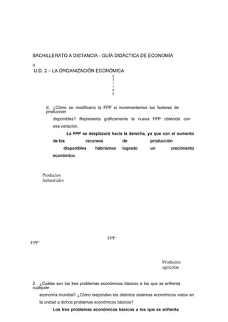 BACHILLERATO A DISTANCIA - GUÍA DIDÁCTICA DE ECONOMÍA
9
U.D. 2 – LA ORGANIZACIÓN ECONÓMICA
2
3
/
1
6
6
d. ¿Cómo se modificaría la FPP si incrementamos los factores de
producción
disponibles? Representa gráficamente la nueva FPP obtenida con
esa variación.
La FPP se desplazará hacía la derecha, ya que con el aumento
de los recursos de producción
disponibles habríamos logrado un crecimiento
económico.
Productos
Industriales
FPP
FPP´
Productos
agrícolas
2. ¿Cuáles son los tres problemas económicos básicos a los que se enfrenta
cualquier
economía mundial? ¿Cómo responden los distintos sistemas económicos vistos en
la unidad a dichos problemas económicos básicos?
Los tres problemas económicos básicos a los que se enfrenta
 