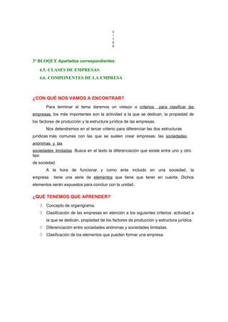 0
/
1
6
6
3º BLOQUE Apartados correspondientes:
4.5. CLASES DE EMPRESAS
4.6. COMPONENTES DE LA EMPRESA
¿CON QUÉ NOS VAMOS A ENCONTRAR?
Para terminar el tema daremos un vistazo a criterios para clasificar las
empresas, los más importantes son la actividad a la que se dedican, la propiedad de
los factores de producción y la estructura jurídica de las empresas.
Nos detendremos en el tercer criterio para diferenciar las dos estructuras
jurídicas más comunes con las que se suelen crear empresas: las sociedades
anónimas y las
sociedades limitadas. Busca en el texto la diferenciación que existe entre uno y otro
tipo
de sociedad.
A la hora de funcionar, y como ente incluido en una sociedad, la
empresa tiene una serie de elementos que tiene que tener en cuenta. Dichos
elementos serán expuestos para concluir con la unidad.
¿QUÉ TENEMOS QUE APRENDER?
 Concepto de organigrama.
 Clasificación de las empresas en atención a los siguientes criterios: actividad a
la que se dedican, propiedad de los factores de producción y estructura jurídica.
 Diferenciación entre sociedades anónimas y sociedades limitadas.
 Clasificación de los elementos que pueden formar una empresa.
 