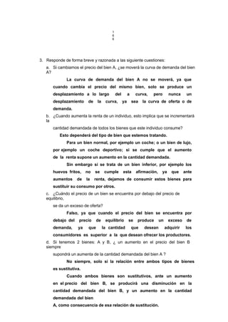 1
6
6
3. Responde de forma breve y razonada a las siguiente cuestiones:
a. Si cambiamos el precio del bien A, ¿se moverá la curva de demanda del bien
A?
La curva de demanda del bien A no se moverá, ya que
cuando cambia el precio del mismo bien, solo se produce un
desplazamiento a lo largo del a curva, pero nunca un
desplazamiento de la curva, ya sea la curva de oferta o de
demanda.
b. ¿Cuando aumenta la renta de un individuo, esto implica que se incrementará
la
cantidad demandada de todos los bienes que este individuo consume?
Esto dependerá del tipo de bien que estemos tratando.
Para un bien normal, por ejemplo un coche; o un bien de lujo,
por ejemplo un coche deportivo; si se cumple que el aumento
de la renta supone un aumento en la cantidad demandada.
Sin embargo si se trata de un bien inferior, por ejemplo los
huevos fritos, no se cumple esta afirmación, ya que ante
aumentos de la renta, dejamos de consumir estos bienes para
sustituir su consumo por otros.
c. ¿Cuándo el precio de un bien se encuentra por debajo del precio de
equilibrio,
se da un exceso de oferta?
Falso, ya que cuando el precio del bien se encuentra por
debajo del precio de equilibrio se produce un exceso de
demanda, ya que la cantidad que desean adquirir los
consumidores es superior a la que desean ofrecer los productores.
d. Si tenemos 2 bienes: A y B, ¿ un aumento en el precio del bien B
siempre
supondrá un aumenta de la cantidad demandada del bien A ?
No siempre, solo si la relación entre ambos tipos de bienes
es sustitutiva.
Cuando ambos bienes son sustitutivos, ante un aumento
en el precio del bien B, se producirá una disminución en la
cantidad demandada del bien B, y un aumento en la cantidad
demandada del bien
A, como consecuencia de esa relación de sustitución.
 