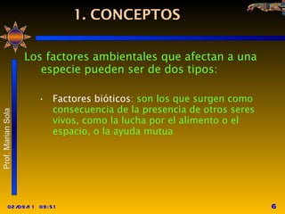 1. CONCEPTOS Los factores ambientales que afectan a una especie pueden ser de dos tipos: Factores bióticos : son los que surgen como consecuencia de la presencia de otros seres vivos, como la lucha por el alimento o el espacio, o la ayuda mutua 