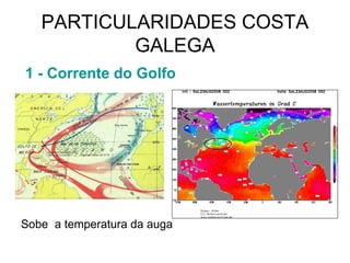PARTICULARIDADES COSTA
GALEGA
1 - Corrente do Golfo
Sobe a temperatura da auga
 