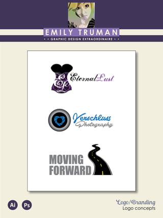 E M I L Y T R U M A N
• • GRAPHIC DESIGN EXTRAORDINAIRE • •
Education
Professional Skills
Ai Dw
</>
Id FlPs
About Me
Objective
Interests
Contact Me!
Eye for detail Bright, creative Great communicatorFriendly
5102/21-4102/90 Associate of Applied Business in Graphic Design
COLUMBUS, OHIO Bradford School
GPA: 3.88/4.0
08/2010 - 05/2012 Multimedia Production Certificate
SPRINGFIELD, OHIO Springfield-Clark Career Technology Center
Certifications in Adobe Photoshop, Microsoft Office
Member of Business Professionals of America
03/2014 - PRESENT Pat Catan’s Craft Centers
SPRINGFIELD, OHIO Sales Associate
• Always maintains professionalism in all situations
• Recognized by customers for exemplary
customer service
• Displaying and organizing inventory
01/2014 - 03/2014 Checkers/Rally’s
SPRINGFIELD, OHIO Cashier
• Working with team members to consistently
achieve daily goals
• Multitasking and efficiently working in a
fast-paced environment
• Preparing products for distribution to customer
in timely manner
• Recognized for excellent customer service
Level-headed and hard working
individual who is very compassion-
ate about what they do. Will go
above and beyond expectations
to ensure complete and overall
satisfaction. Goal-oriented, very
respectful, professional, and trust-
worthy. Dynamic worker, solo and
in a team, with both great verbal
and non-verbal communication
abilities. Strives to achieve any
goals diligently in a timely manner.
GRAPHIC DESIGNER – where my
communication and creative skills,
along with my eye for detail will
ensure client satisfaction.
1628 Ballentine Pike
Springfield, Ohio 45502
(937) 561 - 5755
emilyekt@yahoo.com
EternalLust
Verschluss
Photography
MOVING
FORWARD
Logo/Branding
Logo concepts
Ai Ps
 