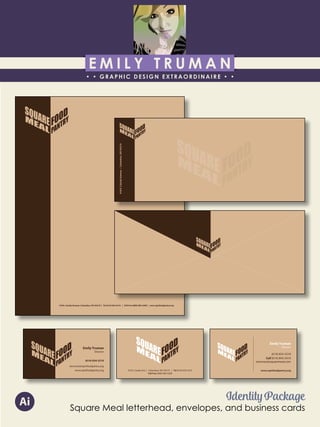 E M I L Y T R U M A N
• • GRAPHIC DESIGN EXTRAORDINAIRE • •
Education
Professional Skills
Ai Dw
</>
Id FlPs
About Me
Objective
Interests
Contact Me!
Eye for detail Bright, creative Great communicatorFriendly
5102/21-4102/90 Associate of Applied Business in Graphic Design
COLUMBUS, OHIO Bradford School
GPA: 3.88/4.0
08/2010 - 05/2012 Multimedia Production Certificate
SPRINGFIELD, OHIO Springfield-Clark Career Technology Center
Certifications in Adobe Photoshop, Microsoft Office
Member of Business Professionals of America
03/2014 - PRESENT Pat Catan’s Craft Centers
SPRINGFIELD, OHIO Sales Associate
• Always maintains professionalism in all situations
• Recognized by customers for exemplary
customer service
• Displaying and organizing inventory
01/2014 - 03/2014 Checkers/Rally’s
SPRINGFIELD, OHIO Cashier
• Working with team members to consistently
achieve daily goals
• Multitasking and efficiently working in a
fast-paced environment
• Preparing products for distribution to customer
in timely manner
• Recognized for excellent customer service
Level-headed and hard working
individual who is very compassion-
ate about what they do. Will go
above and beyond expectations
to ensure complete and overall
satisfaction. Goal-oriented, very
respectful, professional, and trust-
worthy. Dynamic worker, solo and
in a team, with both great verbal
and non-verbal communication
abilities. Strives to achieve any
goals diligently in a timely manner.
GRAPHIC DESIGNER – where my
communication and creative skills,
along with my eye for detail will
ensure client satisfaction.
1628 Ballentine Pike
Springfield, Ohio 45502
(937) 561 - 5755
emilyekt@yahoo.com
Emily Truman
Director
(614) 654-3210
etruman@sqmfoodpantry.org
www.sqmfoodpantry.org 418 E. Cassily Ave | Columbus, OH 43219 | Tel (614) 654-3210
Toll Free (800) 985-5200
Emily Truman
Director
(614) 654-3210
Cell (614) 843-5410
etruman@squaremeal.com
www.sqmfoodpantry.org
Identity Package
Square Meal letterhead, envelopes, and business cards
Ai
418 E. Cassily Avenue, Columbus, OH 43219 | Tel (614) 654-3210 | Toll Free (800) 985-5200 | www.sqmfoodpantry.org
418E.CassilyAvenue•Columbus,OH43219
 