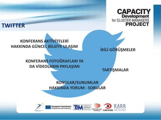 TWITTER
KONFERANS AKTİVİTELERİ
HAKKINDA GÜNCEL BİLGİYE ULAŞIM
KONFERANS FOTOĞRAFLARI YA
DA VİDEOLARIN PAYLAŞIMI

İKİLİ GÖRÜŞMELER

TARTIŞMALAR

KONULAR/SUNUMLAR
HAKKINDA YORUM - SORULAR

 