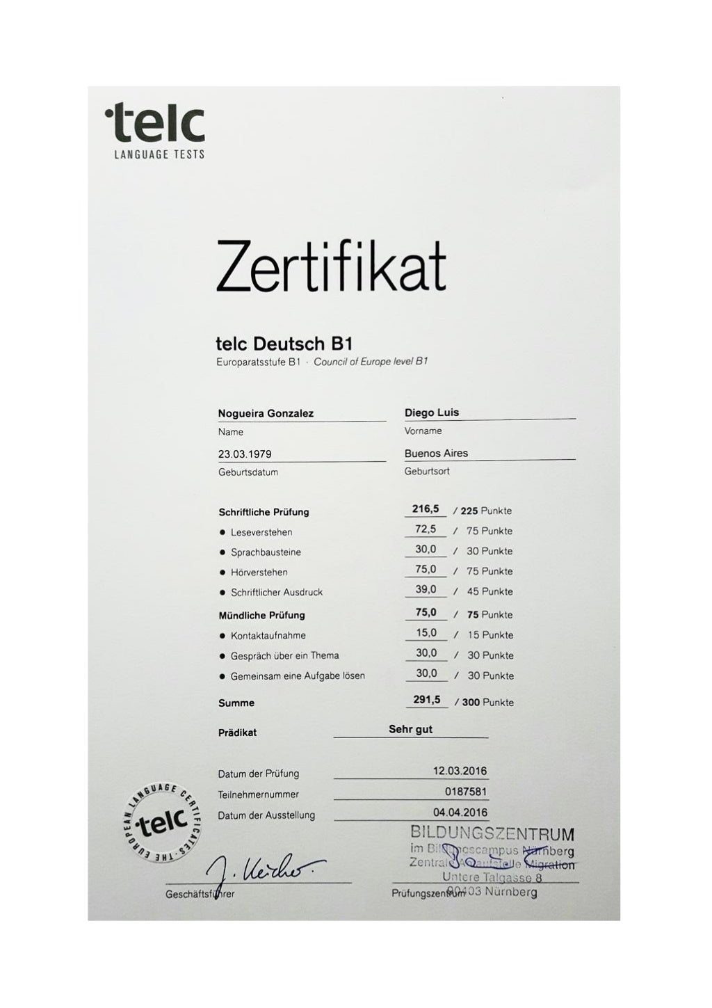DN TELC BZ Nuernberg B1 Zertifikat
