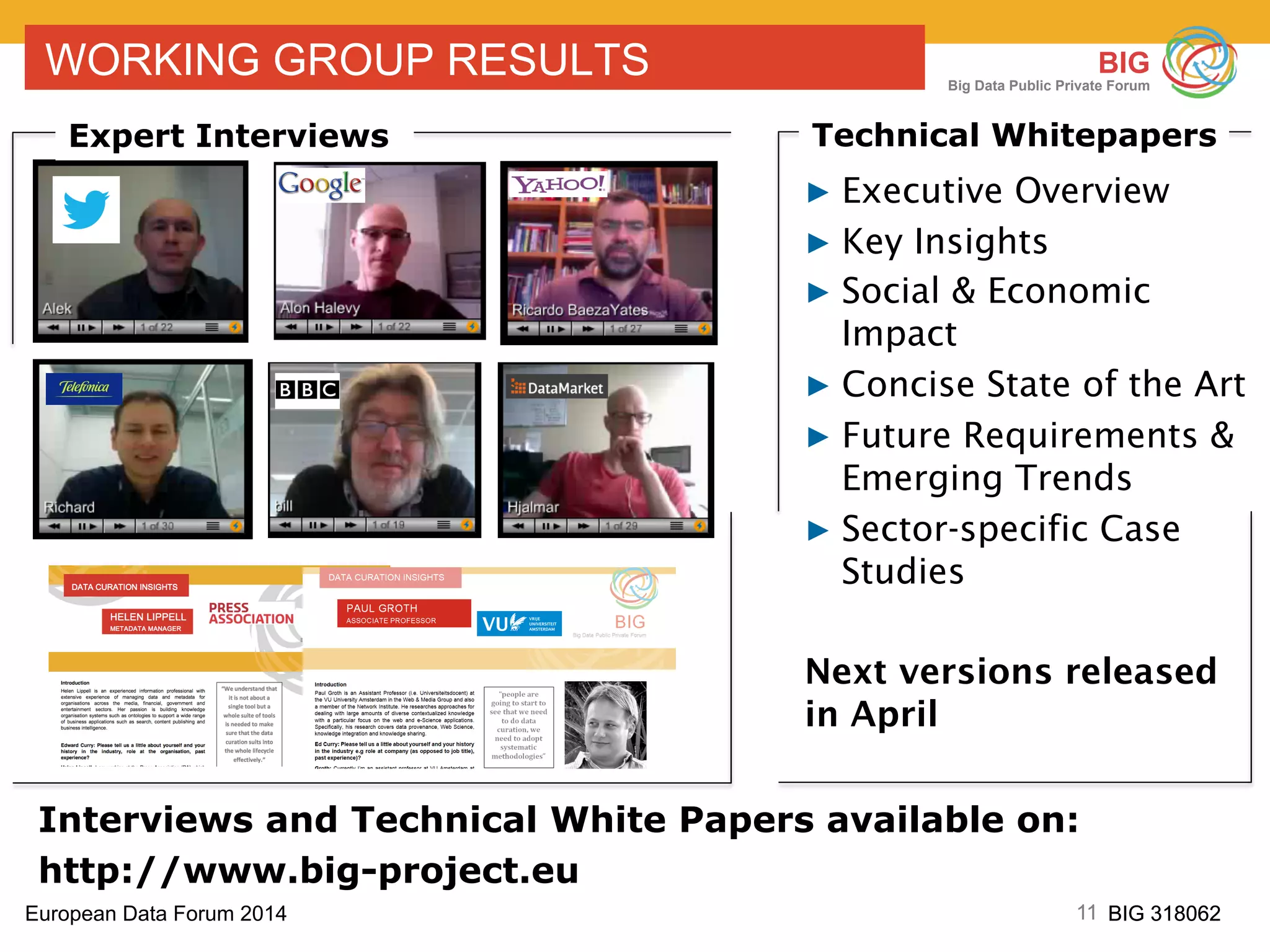 11European Data Forum 2014 BIG 318062
BIG
Big Data Public Private Forum
11 BIG 318062
WORKING GROUP RESULTS
Interviews and Technical White Papers available on:
http://www.big-project.eu
Expert Interviews Technical Whitepapers
▶ Executive Overview
▶ Key Insights
▶ Social & Economic
Impact
▶ Concise State of the Art
▶ Future Requirements &
Emerging Trends
▶ Sector-specific Case
Studies
Next versions released
in April
 