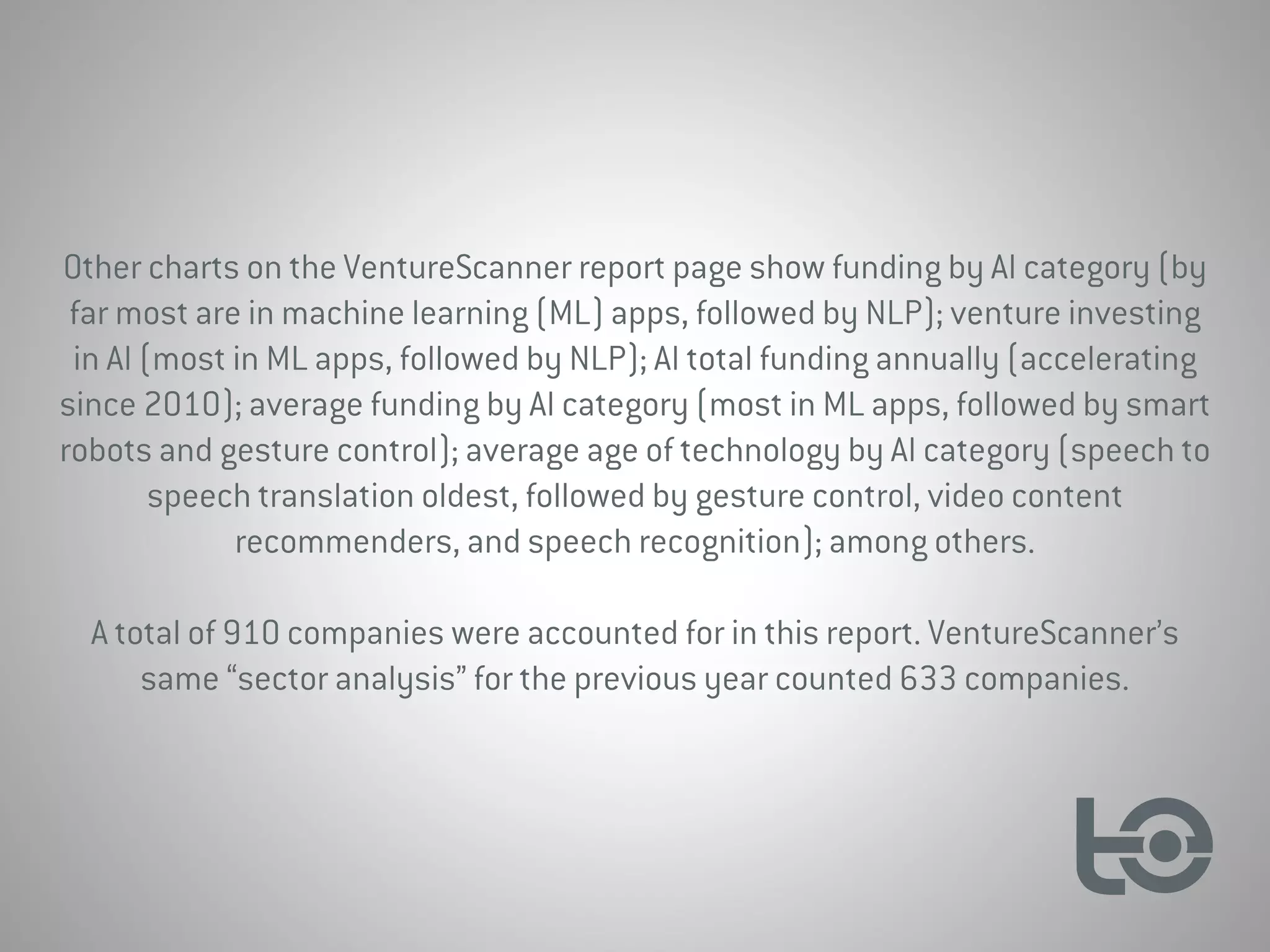 Other charts on the VentureScanner report page show funding by AI category (by
far most are in machine learning (ML) apps, followed by NLP); venture investing
in AI (most in ML apps, followed by NLP); AI total funding annually (accelerating
since 2010); average funding by AI category (most in ML apps, followed by smart
robots and gesture control); average age of technology by AI category (speech to
speech translation oldest, followed by gesture control, video content
recommenders, and speech recognition); among others.
A total of 910 companies were accounted for in this report. VentureScanner’s
same “sector analysis” for the previous year counted 633 companies.
 