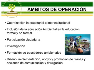 ÁMBITOS DE OPERACIÓN 
• Coordinación intersectorial e interinstitucional 
• Inclusión de la educación Ambiental en la educación 
formal y no formal 
• Participación ciudadana 
• Investigación 
• Formación de educadores ambientales 
• Diseño, implementación, apoyo y promoción de planes y 
acciones de comunicación y divulgación 
 