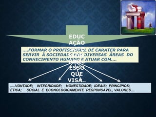 ....FORMAR O PROFISSIONAL DE CARATER PARA
SERVIR À SOCIEDADE NAS DIVERSAS ÁREAS DO
CONHECIMENTO HUMANO E ATUAR COM....
EDUC
AÇÃO
SUPE
RIOR:
PROC
ESSO
QUE
VISA..
.......VONTADE; INTEGRIDADE; HONESTIDADE; IDEAIS; PRINCÍPIOS;
ÉTICA; SOCIAL E ECONOLOGICAMENTE RESPONSAVEL, VALORES....
 