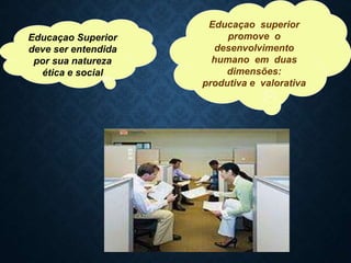 Educaçao Superior
deve ser entendida
por sua natureza
ética e social
Educaçao superior
promove o
desenvolvimento
humano em duas
dimensões:
produtiva e valorativa
 