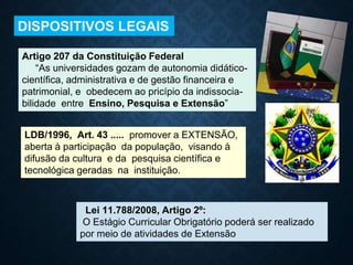 LDB/1996, Art. 43 ..... promover a EXTENSÃO,
aberta à participação da população, visando à
difusão da cultura e da pesquisa científica e
tecnológica geradas na instituição.
Lei 11.788/2008, Artigo 2º:
O Estágio Curricular Obrigatório poderá ser realizado
por meio de atividades de Extensão
DISPOSITIVOS LEGAIS
Artigo 207 da Constituição Federal
“As universidades gozam de autonomia didático-
científica, administrativa e de gestão financeira e
patrimonial, e obedecem ao pricípio da indissocia-
bilidade entre Ensino, Pesquisa e Extensão”
 