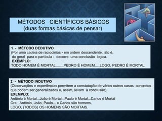 MÉTODOS CIENTÍFICOS BÁSICOS
(duas formas básicas de pensar)
1 - MÉTODO DEDUTIVO
(Por uma cadeia de raciocínios - em ordem descendente, isto é,
do geral para o partícula - decorre uma conclusão logica.
EXEMPLO:
TODO HOMEM É MORTAL........PEDRO É HOMEM.....LOGO, PEDRO É MORTAL.
2 - MÉTODO INDUTIVO
(Observações e experiências permitem a constatação de vários outros casos concretos
que podem ser generalizados e, assim, levam à conclusão).
EXEMPLO:
Antônio é Mortal...João é Mortal...Paulo é Mortal...Carlos é Mortal
Ora, Antônio, João, Paulo... e Carlos são homens.
LOGO, (TODOS) OS HOMENS SÃO MORTAIS.
 