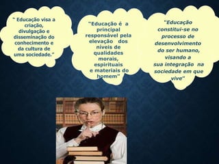 “ Educação visa a
criação,
divulgação e
disseminação do
conhecimento e
da cultura de
uma sociedade.”
“Educação é a
principal
responsável pela
elevação dos
níveis de
qualidades
morais,
espirituais
e materiais do
homem”
“Educação
constitui-se no
processo de
desenvolvimento
do ser humano,
visando a
sua integração na
sociedade em que
vive”
 