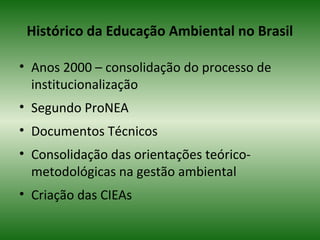 Histórico da Educação Ambiental no Brasil
• Anos 2000 – consolidação do processo de
institucionalização
• Segundo ProNEA
• Documentos Técnicos
• Consolidação das orientações teórico-
metodológicas na gestão ambiental
• Criação das CIEAs
 