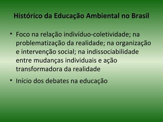 Histórico da Educação Ambiental no Brasil
• Foco na relação indivíduo-coletividade; na
problematização da realidade; na organização
e intervenção social; na indissociabilidade
entre mudanças individuais e ação
transformadora da realidade
• Início dos debates na educação
 