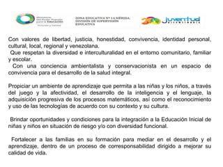 Con valores de libertad, justicia, honestidad, convivencia, identidad personal,
cultural, local, regional y venezolana.
Que respetan la diversidad e interculturalidad en el entorno comunitario, familiar
y escolar.
Con una conciencia ambientalista y conservacionista en un espacio de
convivencia para el desarrollo de la salud integral.
Propiciar un ambiente de aprendizaje que permita a las niñas y los niños, a través
del juego y la afectividad, el desarrollo de la inteligencia y el lenguaje, la
adquisición progresiva de los procesos matemáticos, así como el reconocimiento
y uso de las tecnologías de acuerdo con su contexto y su cultura.
Brindar oportunidades y condiciones para la integración a la Educación Inicial de
niñas y niños en situación de riesgo y/o con diversidad funcional.
Fortalecer a las familias en su formación para mediar en el desarrollo y el
aprendizaje, dentro de un proceso de corresponsabilidad dirigido a mejorar su
calidad de vida.
 