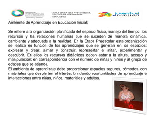 Ambiente de Aprendizaje en Educación Inicial:
Se refiere a la organización planificada del espacio físico, manejo del tiempo, los
recursos y las relaciones humanas que se suceden de manera dinámica,
cambiante y adecuada a la realidad. En la Etapa Preescolar esta organización
se realiza en función de los aprendizajes que se generan en los espacios:
expresar y crear, armar y construir, representar e imitar, experimentar y
descubrir. En ellos los recursos didácticos deben estar a la altura, acceso y
manipulación; en correspondencia con el número de niñas y niños y al grupo de
edades que se atiende.
El ambiente de aprendizaje debe proporcionar espacios seguros, cómodos, con
materiales que despierten el interés, brindando oportunidades de aprendizaje e
interacciones entre niñas, niños, materiales y adultos.
 