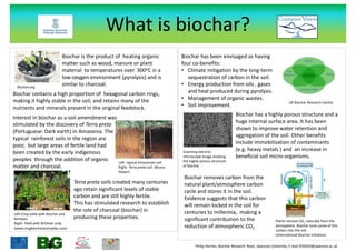 What is biochar?
Biochar.org
Biochar is the product of heating organic
matter such as wood, manure or plant
material to temperatures over 300oC in a
low-oxygen environment (pyrolysis) and is
similar to charcoal.
Biochar contains a high proportion of hexagonal carbon rings,
making it highly stable in the soil, and retains many of the
nutrients and minerals present in the original feedstock.
Interest in biochar as a soil amendment was
stimulated by the discovery of Terra preta
(Portuguese: Dark earth) in Amazonia. The
typical rainforest soils in the region are
poor, but large areas of fertile land had
been created by the early indigenous
peoples through the addition of organic
matter and charcoal.
Terra preta soils created many centuries
ago retain significant levels of stable
carbon and are still highly fertile.
This has stimulated research to establish
the role of charcoal (biochar) in
producing these properties.
Left-Crop yield with biochar and
fertilizer.
Right- Yield with fertilizer only.
(www.mcgbiocharpod.webs.com)
UK Biochar Research Centre
Biochar has been envisaged as having
four co-benefits:
• Climate mitigation by the long-term
sequestration of carbon in the soil.
• Energy production from oils , gases
and heat produced during pyrolysis.
• Management of organic wastes.
• Soil improvement.
Biochar has a highly porous structure and a
huge internal surface area. It has been
shown to improve water retention and
aggregation of the soil. Other benefits
include immobilisation of contaminants
(e.g. heavy metals ) and an increase in
beneficial soil micro-organisms.
Biochar removes carbon from the
natural plant/atmosphere carbon
cycle and stores it in the soil.
Evidence suggests that this carbon
will remain locked in the soil for
centuries to millennia, making a
significant contribution to the
reduction of atmospheric CO2
Plants remove CO2 naturally from the
atmosphere. Biochar locks some of this
carbon into the soil.
(International Biochar Initiative)
Philip Harries, Biochar Research Team, Swansea University. E-mail 450433@swansea.ac.uk
Left- typical Amazonian soil.
Right- Terra preta soil. (Bruno
Glaser)
Scanning electron
microscope image showing
the highly porous structure
of biochar
 