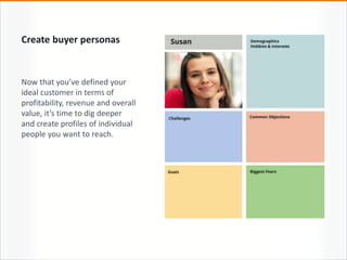 Create buyer personas
Now that you’ve defined your
ideal customer in terms of
profitability, revenue and overall
value, it’s time to dig deeper
and create profiles of individual
people you want to reach.
 