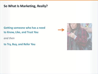 Getting someone who has a need
to Know, Like, and Trust You
and then
to Try, Buy, and Refer You
So What Is Marketing, Really?
 