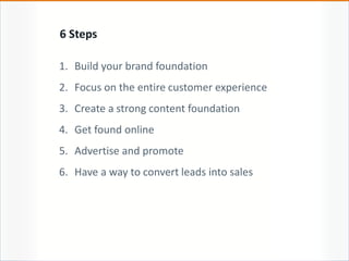 6 Steps
1. Build your brand foundation
2. Focus on the entire customer experience
3. Create a strong content foundation
4. Get found online
5. Advertise and promote
6. Have a way to convert leads into sales
 
