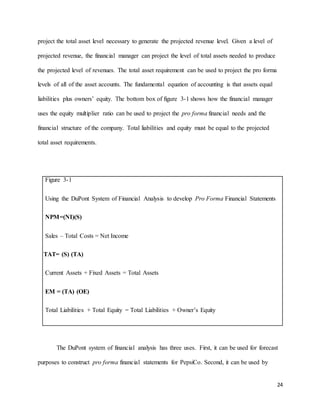 24
project the total asset level necessary to generate the projected revenue level. Given a level of
projected revenue, the financial manager can project the level of total assets needed to produce
the projected level of revenues. The total asset requirement can be used to project the pro forma
levels of all of the asset accounts. The fundamental equation of accounting is that assets equal
liabilities plus owners’ equity. The bottom box of figure 3-1 shows how the financial manager
uses the equity multiplier ratio can be used to project the pro forma financial needs and the
financial structure of the company. Total liabilities and equity must be equal to the projected
total asset requirements.
Figure 3-1
Using the DuPont System of Financial Analysis to develop Pro Forma Financial Statements
NPM=(NI)(S)
Sales – Total Costs = Net Income
TAT= (S) (TA)
Current Assets + Fixed Assets = Total Assets
EM = (TA) (OE)
Total Liabilities + Total Equity = Total Liabilities + Owner’s Equity
The DuPont system of financial analysis has three uses. First, it can be used for forecast
purposes to construct pro forma financial statements for PepsiCo. Second, it can be used by
 
