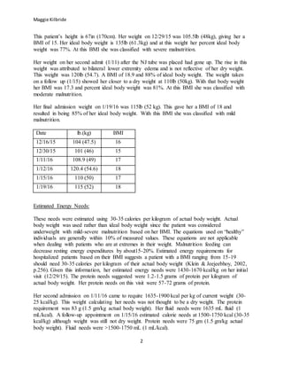 Maggie Kilbride
2
This patient’s height is 67in (170cm). Her weight on 12/29/15 was 105.5lb (48kg), giving her a
BMI of 15. Her ideal body weight is 135lb (61.3kg) and at this weight her percent ideal body
weight was 77%. At this BMI she was classified with severe malnutrition.
Her weight on her second admit (1/11) after the NJ tube was placed had gone up. The rise in this
weight was attributed to bilateral lower extremity edema and is not reflective of her dry weight.
This weight was 120lb (54.7). A BMI of 18.9 and 88% of ideal body weight. The weight taken
on a follow up (1/15) showed her closer to a dry weight at 110lb (50kg). With that body weight
her BMI was 17.3 and percent ideal body weight was 81%. At this BMI she was classified with
moderate malnutrition.
Her final admission weight on 1/19/16 was 115lb (52 kg). This gave her a BMI of 18 and
resulted in being 85% of her ideal body weight. With this BMI she was classified with mild
malnutrition.
Date lb.(kg) BMI
12/16/15 104 (47.5) 16
12/30/15 101 (46) 15
1/11/16 108.9 (49) 17
1/12/16 120.4 (54.6) 18
1/15/16 110 (50) 17
1/19/16 115 (52) 18
Estimated Energy Needs:
These needs were estimated using 30-35 calories per kilogram of actual body weight. Actual
body weight was used rather than ideal body weight since the patient was considered
underweight with mild-severe malnutrition based on her BMI. The equations used on “healthy”
individuals are generally within 10% of measured values. These equations are not applicable
when dealing with patients who are at extremes in their weight. Malnutrition feeding can
decrease resting energy expenditures by about15-20%. Estimated energy requirements for
hospitalized patients based on their BMI suggests a patient with a BMI ranging from 15-19
should need 30-35 calories per kilogram of their actual body weight (Klein & Jeejeebhoy, 2002,
p.256). Given this information, her estimated energy needs were 1430-1670 kcal/kg on her initial
visit (12/29/15). The protein needs suggested were 1.2-1.5 grams of protein per kilogram of
actual body weight. Her protein needs on this visit were 57-72 grams of protein.
Her second admission on 1/11/16 came to require 1635-1900 kcal per kg of current weight (30-
25 kcal/kg). This weight calculating her needs was not thought to be a dry weight. The protein
requirement was 83 g (1.5 gm/kg actual body weight). Her fluid needs were 1635 mL fluid (1
mL/kcal). A follow-up appointment on 1/15/16 estimated calorie needs at 1500-1750 kcal (30-35
kcal/kg) although weight was still not dry weight. Protein needs were 75 gm (1.5 gm/kg actual
body weight). Fluid needs were >1500-1750 mL (1 mL/kcal).
 