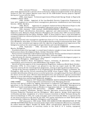 7
1991, January-February Planning of plantation establishment (fast-growing
pulp wood plantations) for a private client in Sumatra, Indonesia (implemented). In the planting
season of 1991 this project planted more than all the ADB-funded forestry projects together
during my 8 years with the bank.
1990, July-August Technical supervision of Household Energy Study in Nigeria for
FORMECU/World Bank.
1990, October Appraisal of the Lao-Swedish Forestry Cooperation Programme in
Laos with emphasis on natural forest management, plantation establishment and community
forestry. (SIDA, Sweden).
1990, March Appraisal of a proposed Industrial Forest Plantation Project in the
Philippines/ADB, including surveys of proposed plantation areas in Mindanao.
1981, January - 1989, January ASIAN DEVELOPMENT BANK, Philippines,Forestry
Specialist. Project identification, formulation, appraisal and administration in Bangladesh,
Indonesia,Laos, Malaysia, Nepal, Pakistan,Philippines,Sri-Lanka,from 1984 as mission leader,
including programming and policy dialogue. Most of these projects had a rural development
component based on community forestry, aside from silviculture management of plantations and
natural forest.
(During this period I also managed an agroforestry farm of 17 ha, located 6 km west of Butuan
City, Mindanao, with about 10 more or less landless families living in andaround the farm. I did
this at my own initiative and expense with the objective of gaining practical experience of the
biological as well as the social aspects of agro-forestry and rural development.)
1978, September – 1980, December Self-employed FORESTRY CONSULTANT,
Manila, Philippines
- Feasibility study of the log supply to a wood based industry complex in Laos, based on extensive
field surveys (Asian Development Bank, October-November 1977).
- Forest surveys and design of development strategies for the forestry and forest based industries
in the Vientiane plain, Laos (Silviconsult/SIDA 1978, 1979 and 1980).
- Identification of a forestry component of a proposed integratedrural development project in
Palawan, the Philippines. (ADB August 1979)
- Thailand Northern Rural Development Project, estimates of plantation costs, labour
consumption and investment costs (World Bank July-August 1978).
- Review of forestry aspects of the transmigration Programme, Indonesia (World Bank October-
November 1979). In retro-respect I am pleased to say that my report made the WB review
selection criteria for the transmigration programme, aiming at sparing primary forest areas.
- Design of the Forestry component of an integratedrural development project in Palawan, the
Philippines, ADB and the French consulting firm SATEC (June -August 1980). The component
included identification of forest areas in need of protection, strengthening of the local office es of
the forest service for more efficient watershed protection and protection against uncontrolled
logging in areas identified as ecologically significant, and the establishment of plantations for
watershed protection and fuelwood production purposes.
1976 (January) to 1977 (September) SWEDISH MATCH (PHILIPPINES)/PROVIDENT
TREE FARMS Forestry Specialist and Assistant to the Managing Director
Surveys and special studies on logging concessions in Indonesia and logging and plantation
operations in the Philippines (Samar, Mindoro, Agusan Valley in Mindanao). Management of
2000 ha of match wood plantations in Mindoro in cooperation with the resident population.
1971 (January) to 1975 (December) JAAKKO PÖYRY & Co/INTERFOREST
(consulting company), Stockholm, Sweden, Forestry Specialist, technical forestry studies in
Vietnam, Indonesia, Thailand, and the Philippines. Main projects: design, field supervision,
verification and data compilation of a forest resource inventory in North Vietnam during the
American bombings in 1972, for a pulp and paper mill in Vietnam (for SIDA); a regional survey
of raw material sources in SE Asia for the FAO 1975 world consultation on wood based panels
(covering India, Indonesia, Malaysia, Philippines, and Thailand).
1967 (January) to 1969 (July) FOOD AND AGRICULTURE ORGANIZATION OF THE
UNITED NATIONS (FAO) Forest inventory of the slopes of the Cardamoms Mountains, Cambodia.
So called Associate Expert (funded by SIDA), photo interpretation, planning of field work,
reconnaissance, supervision of inventory teams in the field (5 to 9 teams), equipment
 