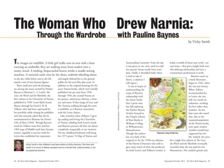 48 The Horn Book Magazine September/October 2015 September/October 2015 The Horn Book Magazine 49
Baynes’s map of Narnia.
IIllustrationbyPaulineBaynes©1998byC.S.LewisPTELtd.
The Woman Who Drew Narnia:
Through the Wardrobe with Pauline Baynes
by Vicky Smith
in the sky, while below and to the left
stands a row of tiny human figures.
These small pen-and-ink drawings
are among the many created by Pauline
Baynes to illustrate C. S. Lewis’s The
Lion, the Witch and the Wardrobe, the
first volume in his Chronicles of Narnia,
published in 1950. Lewis likely found
Baynes through his friend J. R. R.
Tolkien, who had been captivated by
her portfolio while visiting his publisher
and who instantly asked that she be
commissioned to illustrate his Farmer
Giles of Ham (1949). Though Baynes’s
work for Tolkien came first (and her
1969 map of Middle-earth later became
iconic), arguably it was her work for
Lewis that established her reputation
and largely defined her to the general
public for the next fifty-plus years. In
addition to the original drawings for the
seven Narnia books, which were initially
published one per year from 1950
through 1956, she created Narnia art
for posters, anniversary editions, a besti-
ary, and more. If that image of Lucy and
Mr. Tumnus walking through the snow
is indelible, so is Baynes’s association
with the Lewis classics.
Like countless other children, I grew
up reading and loving the Chronicles
of Narnia, inhaling both Lewis’s words
and Baynes’s pictures till they are almost
completely inseparable in my memory.
On my childhood bedroom wall hung
her 1972 poster “A Map of Narnia and
Surrounding Countries” from the day
it was given to me, new, until we sold
my parents’ house nearly forty years
later. (Sadly, it shredded badly when
I tried to take it
down, a calamity I
still regret.)
It was in hopes of
understanding the
scope of Baynes’s
relationship with
the classic books
that I spent time
last fall exploring
the Pauline Baynes
Archive housed in
the Chapin Library
of Rare Books at
Williams College
in Williamstown,
Massachusetts.
Though the archive
has very little of her
original art for the 1950s-era editions
of the Narnia Chronicles (she sold or
gave away much of what she produced
for both Lewis’s and Tolkien’s works), it
holds a wealth of latter-year work—art
and notes—that gives insight both into
this defining relationship and into a
consummate professional at work.
Baynes’s career as
a book illustrator
began in 1942, when
she was just twenty.
When Tolkien
recommended her
to Lewis, she was
still very much an
unknown, working
for hire rather than
royalties. (In her
later years she noted
that, due to the
sustained popularity
of the Narnia books,
even quite modest
royalties would have
supported her for
life. Indeed, the price
for a single first edition of The Lion,
the Witch and the Wardrobe eventually
exceeded what she was paid for her
illustrations.) She worked quietly and
The images are indelible. A little girl walks arm-in-arm with a faun
carrying an umbrella; they are walking away from readers into a
snowy wood. A smiling, bespectacled beaver works a treadle sewing
machine. A turreted castle rises by the shore, seabirds wheeling about
Vicky Smith is the children’s and teen editor at Kirkus Reviews. She lives and
works in a house in Maine situated next to a brook that, unfortunately, is not
occupied by beavers.
 